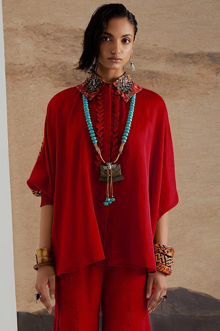 Sindoor Red Crushed Silk Textured Shirt by ASEEM KAPOOR at Pernia's Pop Up Shop