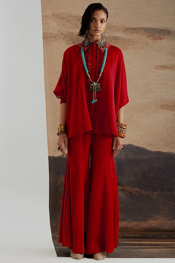 Sindoor Red Crushed Silk Textured Shirt by ASEEM KAPOOR at Pernia's Pop Up Shop