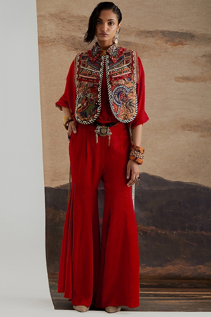 Sindoor Red Crushed Silk Wedding Sharara Set by ASEEM KAPOOR at Pernia's Pop Up Shop