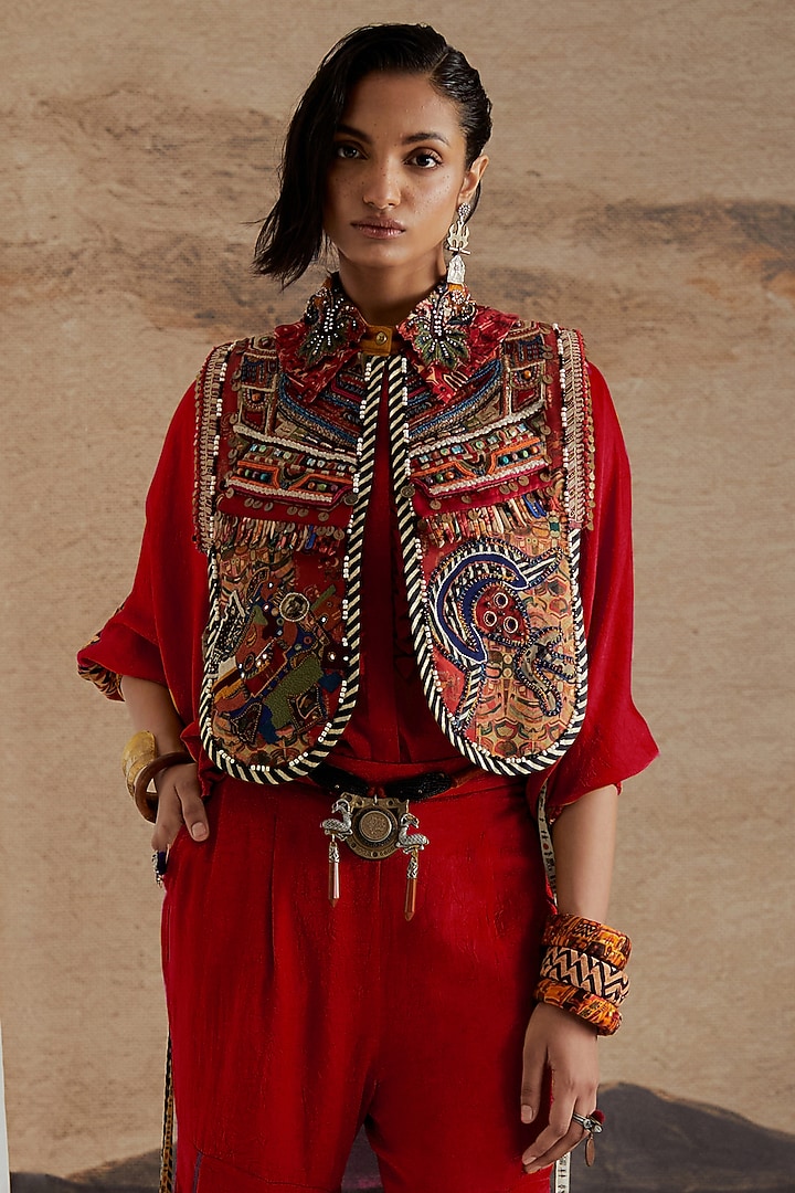 Sindoor Red Crushed Silk Wedding Sharara Set by ASEEM KAPOOR at Pernia's Pop Up Shop