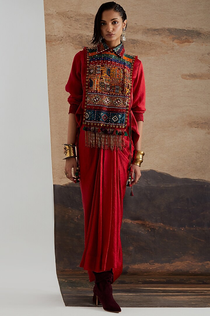 Sindoor Red Crushed Silk Draped Skirt Set by ASEEM KAPOOR at Pernia's Pop Up Shop