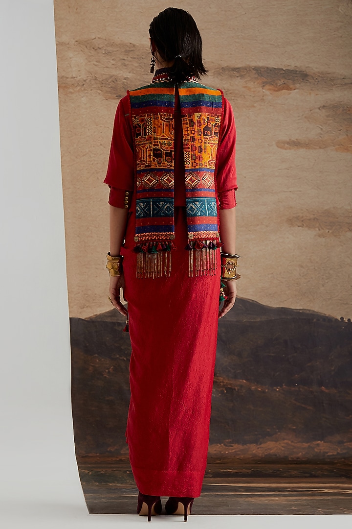 Sindoor Red Crushed Silk Draped Skirt Set by ASEEM KAPOOR at Pernia's Pop Up Shop