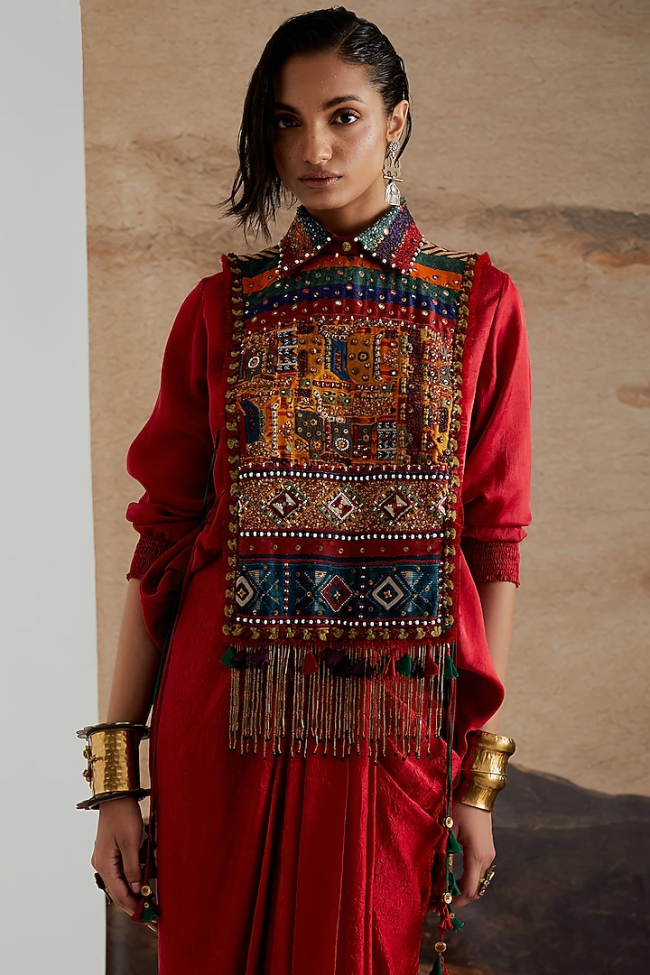 Sindoor Red Crushed Silk Draped Skirt Set by ASEEM KAPOOR at Pernia's Pop Up Shop