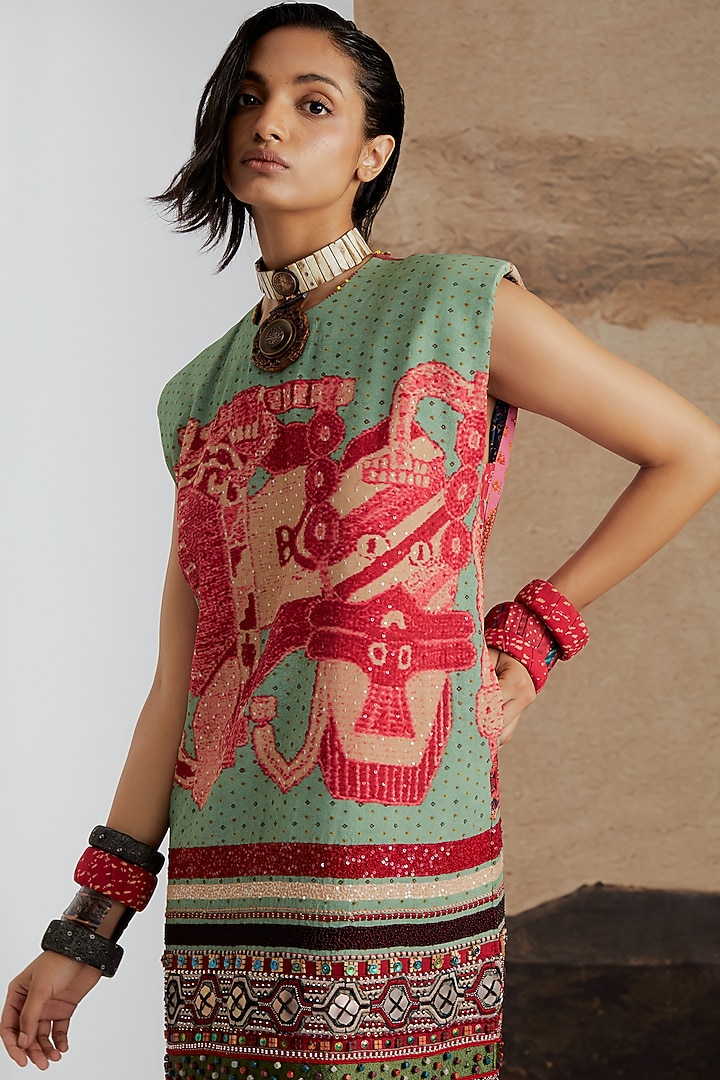 Ash Green Natural Crepe Embroidered Midi Cocktail Dress by ASEEM KAPOOR at Pernia's Pop Up Shop