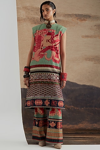 Ash Green Natural Crepe & Satin Lycra Co-Ord Set by ASEEM KAPOOR