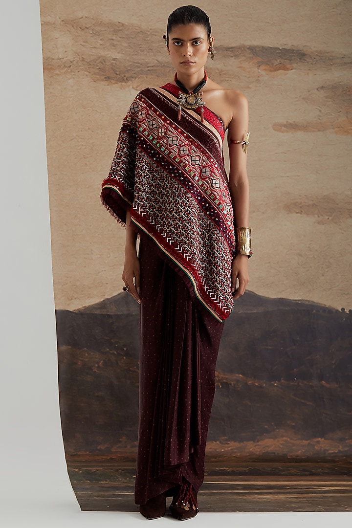 Jamuni Purple Mushroom Twill Printed Draped Skirt Set by ASEEM KAPOOR at Pernia's Pop Up Shop