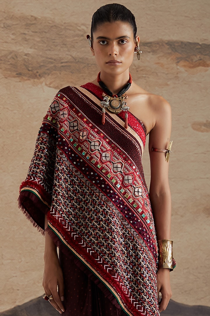 Jamuni Purple Mushroom Twill Printed Draped Skirt Set by ASEEM KAPOOR at Pernia's Pop Up Shop
