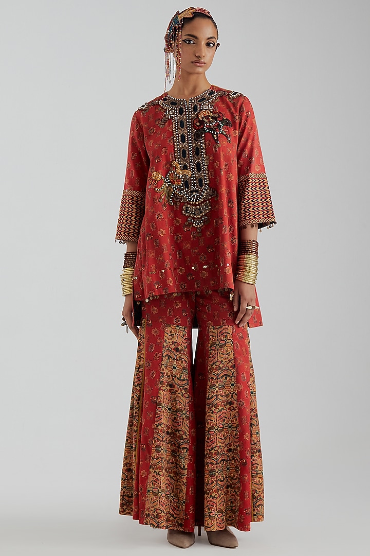 Sindoor Red Modal Satin Printed Wedding Sharara Set by ASEEM KAPOOR at Pernia's Pop Up Shop