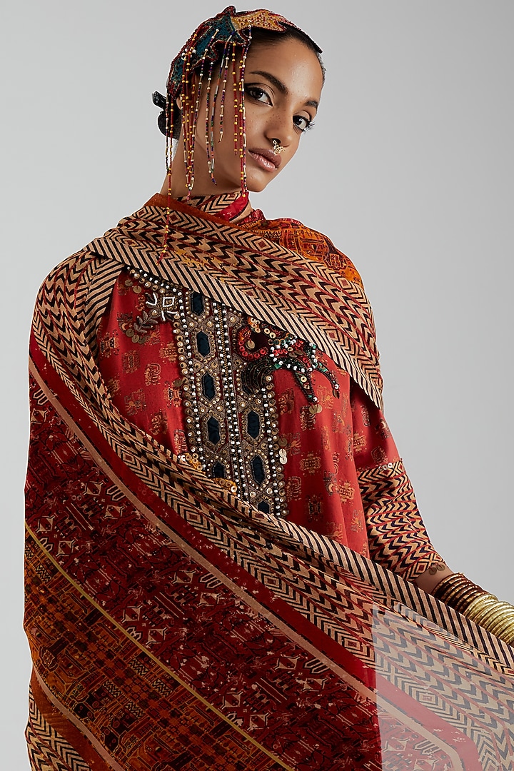 Sindoor Red Modal Satin Printed Wedding Sharara Set by ASEEM KAPOOR at Pernia's Pop Up Shop