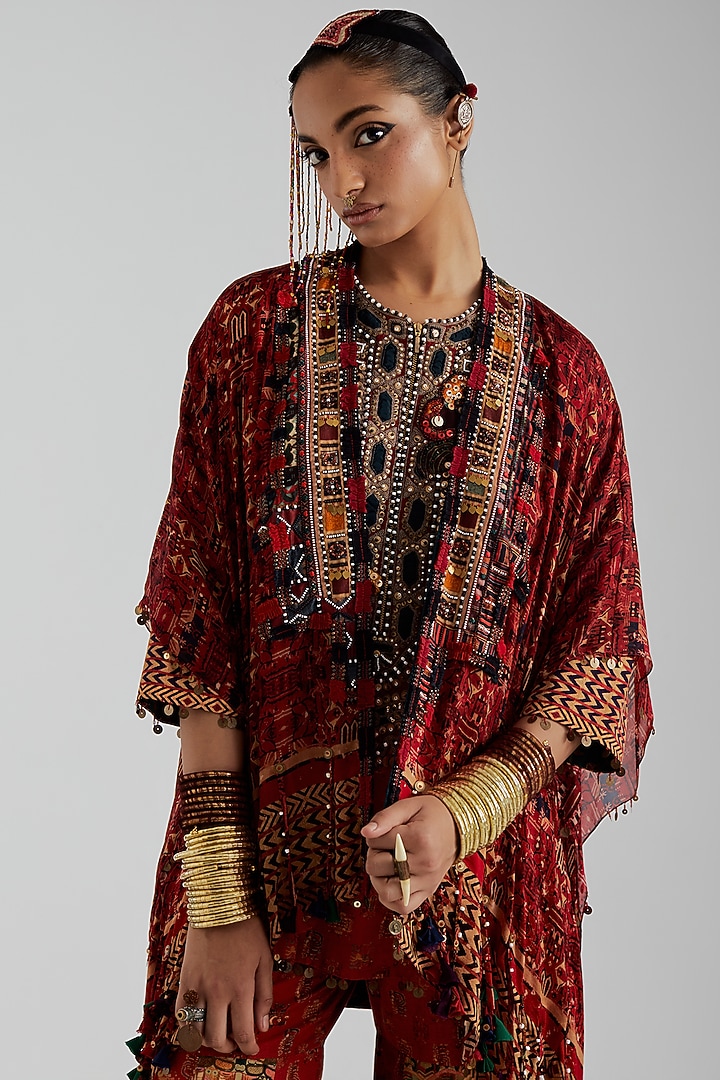 Sindoor Red Sheer Silk Sequin Embroidered Jacket Set by ASEEM KAPOOR at Pernia's Pop Up Shop