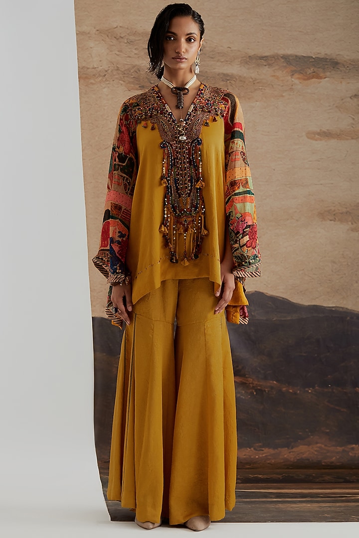 Topaz Yellow Crushed Silk Solid Textured Wedding Sharara Set by ASEEM KAPOOR at Pernia's Pop Up Shop