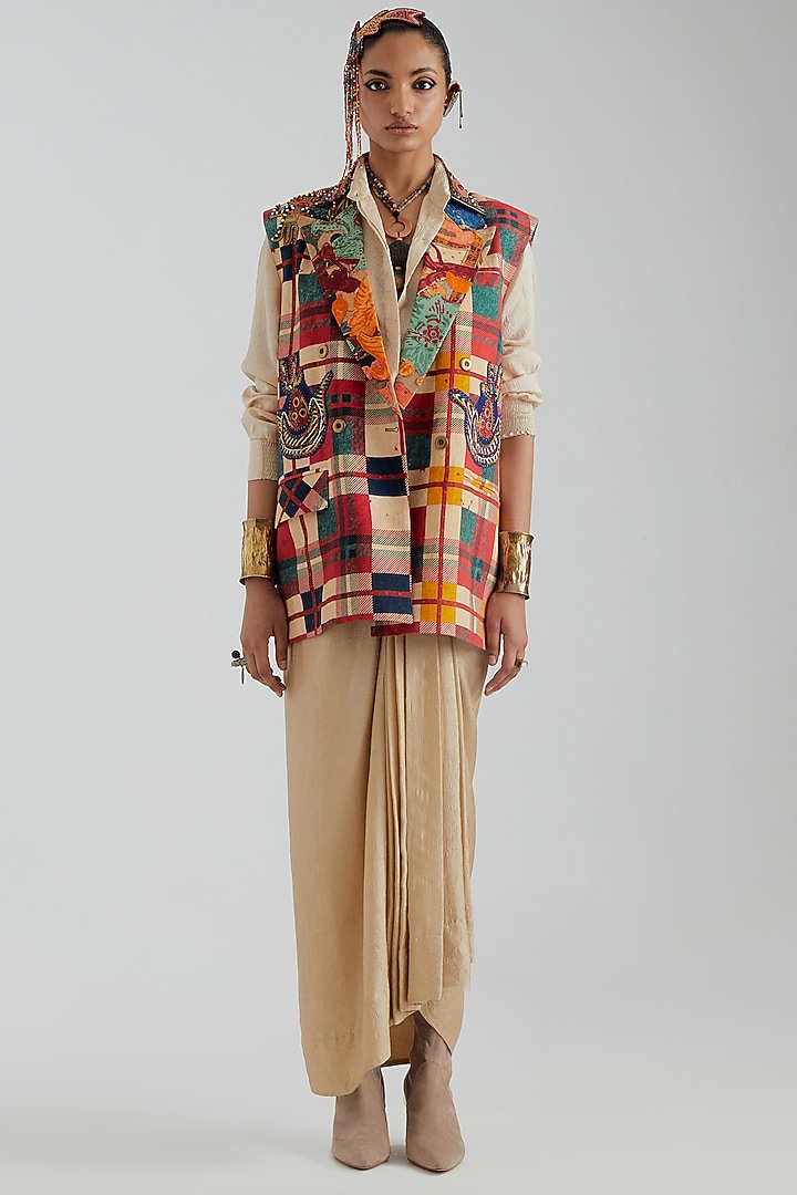 Multi-Colored Cotton Linen Resham & Sequin Embroidered Jacket Set by ASEEM KAPOOR at Pernia's Pop Up Shop