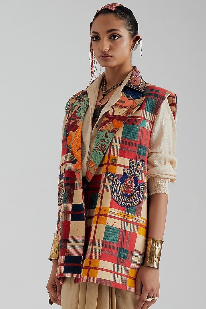 Multi-Colored Cotton Linen Resham & Sequin Embroidered Jacket Set by ASEEM KAPOOR at Pernia's Pop Up Shop