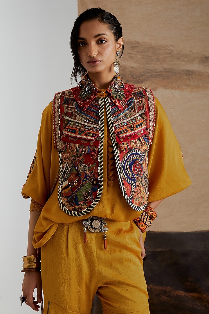 Multi-Colored Mushroom Twill Resham Embroidered Gilet by ASEEM KAPOOR at Pernia's Pop Up Shop
