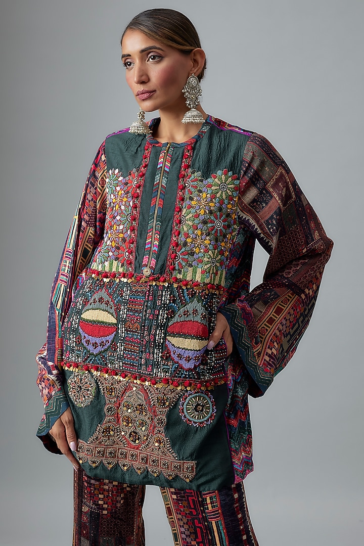 Multi-Colored Velvet Ikat Printed & Resham Embroidered Tunic Set by ASEEM KAPOOR at Pernia's Pop Up Shop