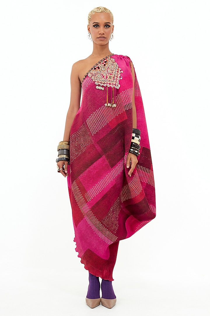 Pink Crinkle Crepe Aari Embroidered Vacation Dress by ASEEM KAPOOR at Pernia's Pop Up Shop