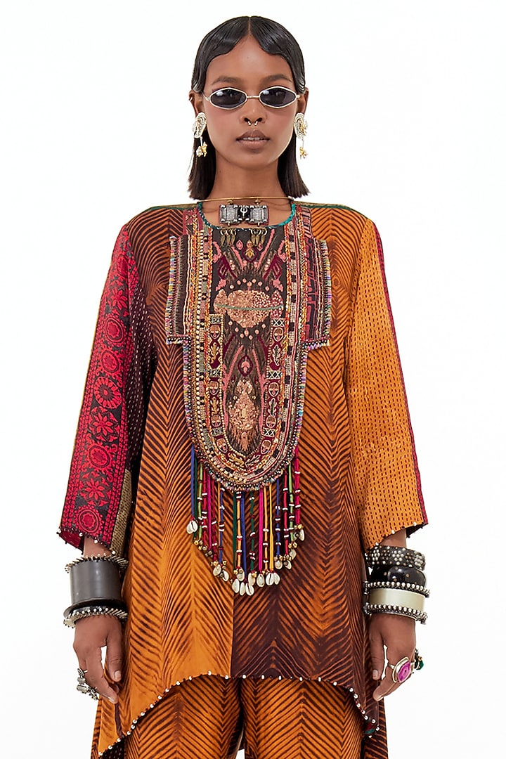 Yellow Italian Crepe & Slub Satin Bead Embroidered Kurta Set by ASEEM KAPOOR at Pernia's Pop Up Shop