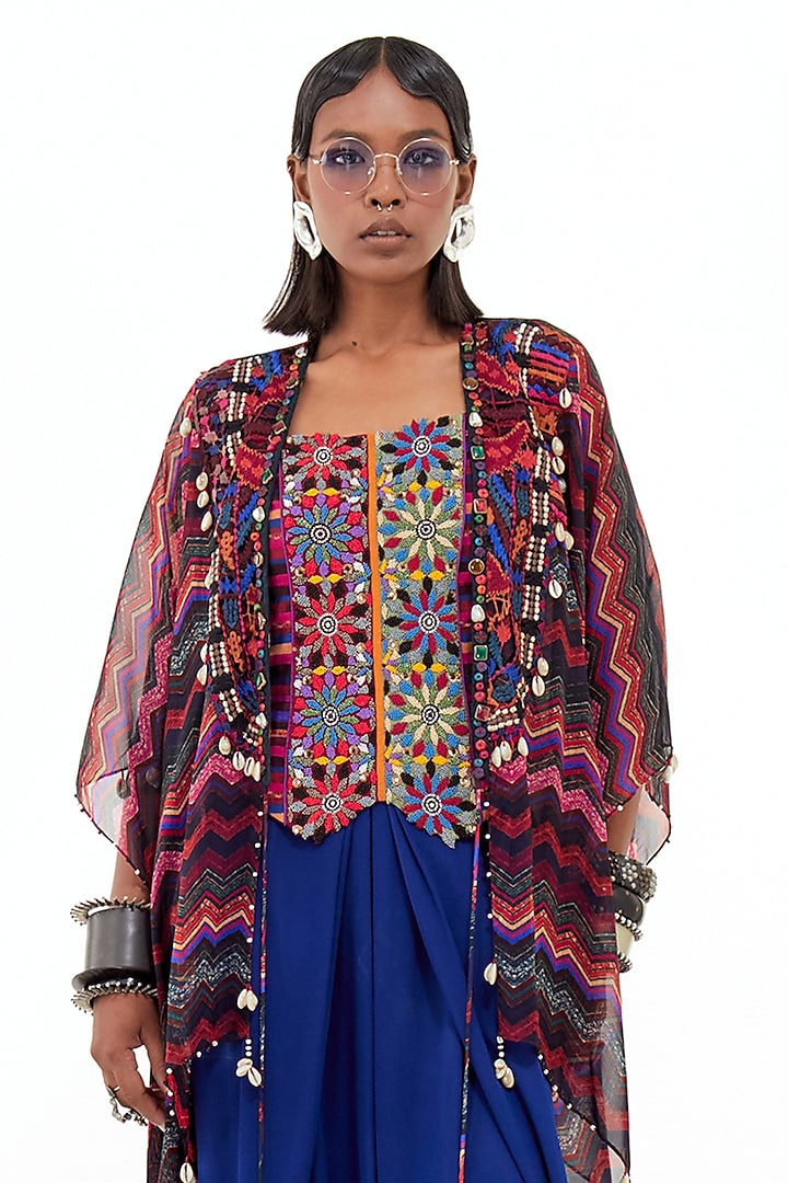 Sapphire Blue Cotton Silk & Italian Crepe Aari Embroidered Jacket Set by ASEEM KAPOOR at Pernia's Pop Up Shop