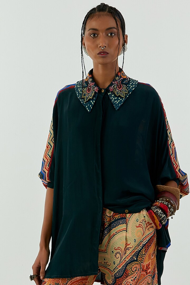 Deep Teal Natural Crepe Shirt by Aseem kapoor at Pernia's Pop Up Shop