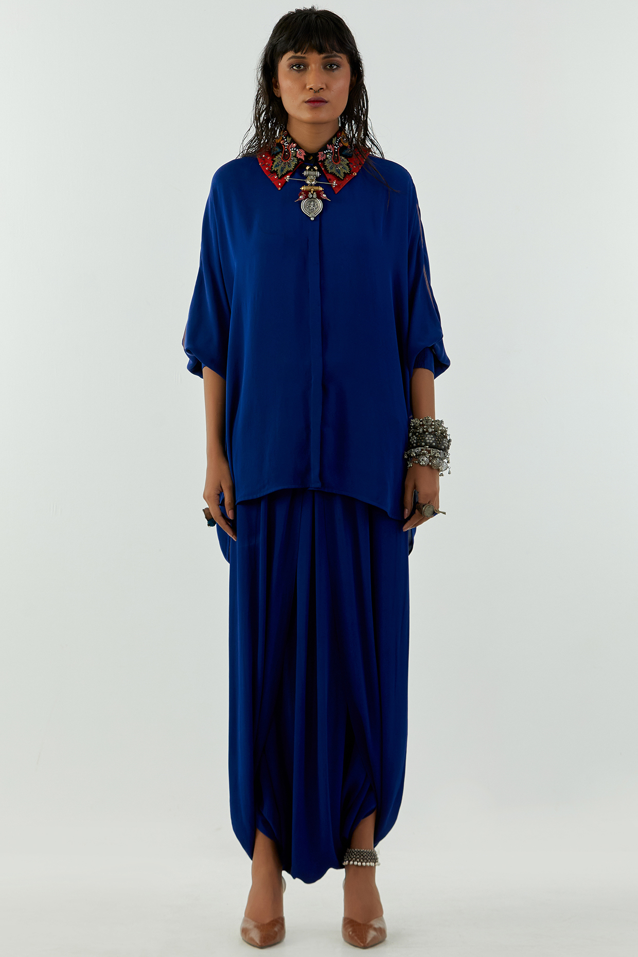 Sapphire Blue Natural Crepe Draped Pant Set by Aseem kapoor at Pernia's Pop Up Shop