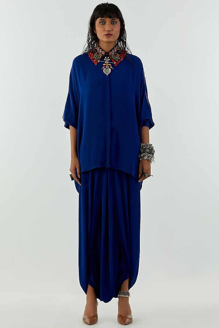 Sapphire Blue Natural Crepe Draped Pant Set by Aseem kapoor at Pernia's Pop Up Shop