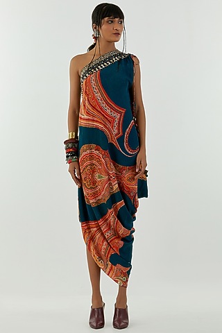 Deep Teal Printed One-Shoulder Dress by Aseem kapoor