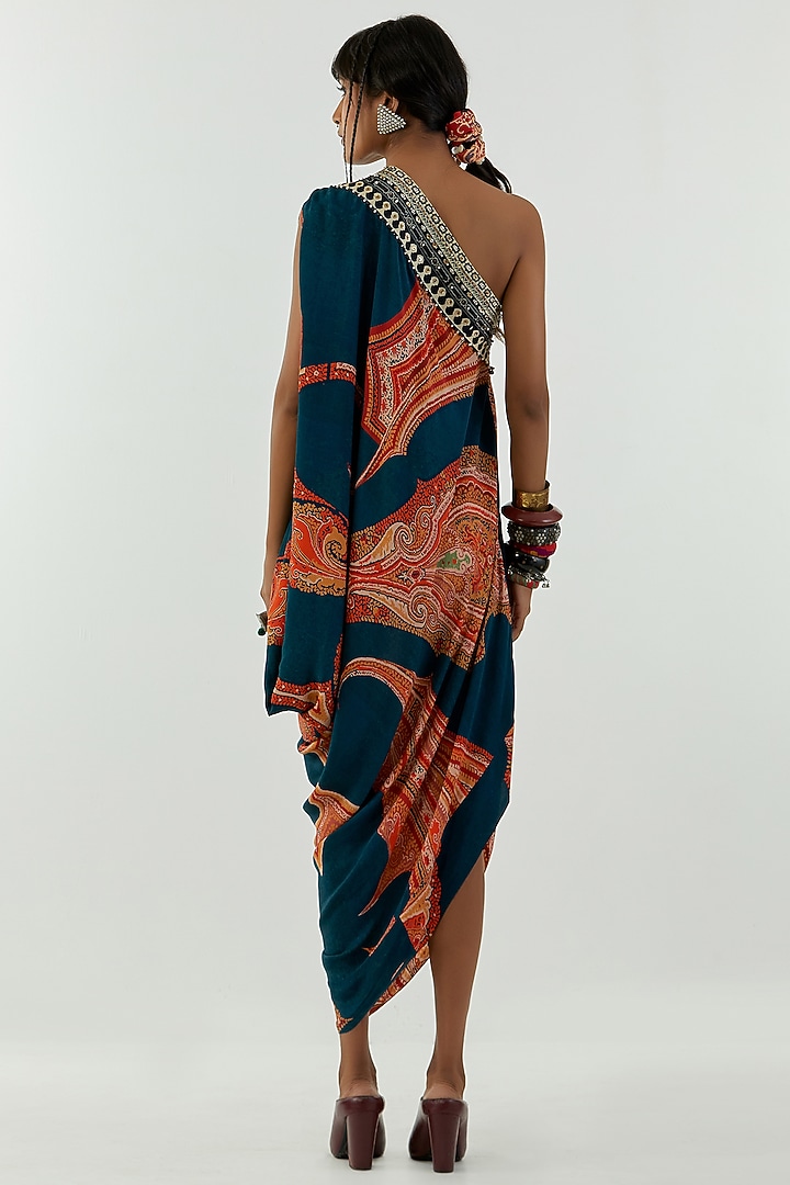 Deep Teal Printed One-Shoulder Vacation Dress by Aseem kapoor at Pernia's Pop Up Shop