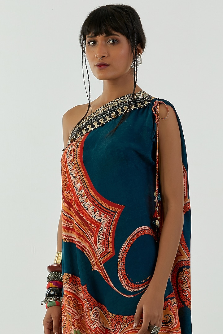 Deep Teal Printed One-Shoulder Vacation Dress by Aseem kapoor at Pernia's Pop Up Shop