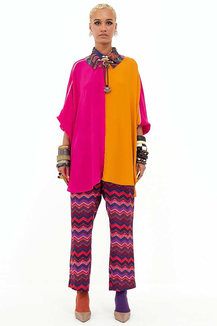 Pink Italian Crepe & Slub Satin Color Blocked Co-Ord Set by ASEEM KAPOOR at Pernia's Pop Up Shop