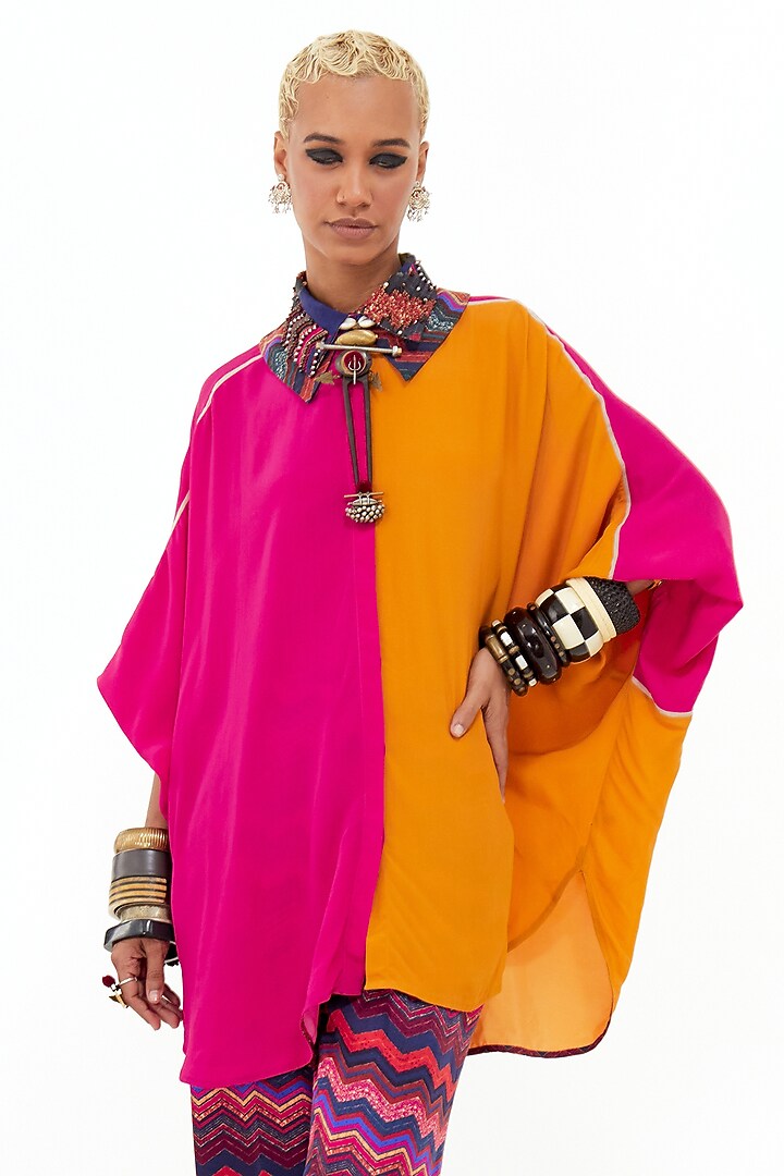 Pink Italian Crepe & Slub Satin Color Blocked Co-Ord Set by ASEEM KAPOOR at Pernia's Pop Up Shop