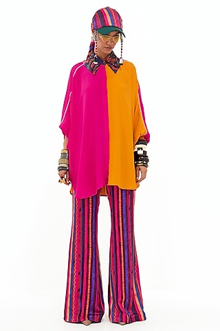 Pink Italian Crepe & Slub Satin Color Blocked Co-Ord Set by ASEEM KAPOOR