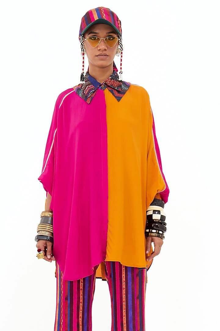 Pink Italian Crepe & Slub Satin Color Blocked Co-Ord Set by ASEEM KAPOOR at Pernia's Pop Up Shop