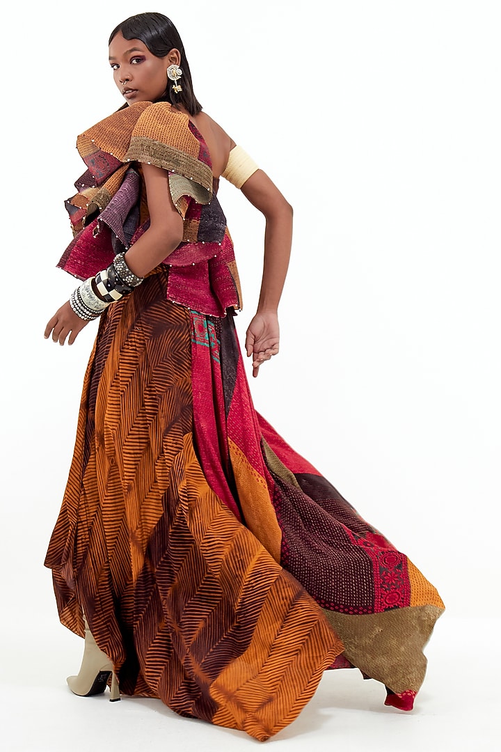 Multi-Colored Crinkle Crepe & Slub Satin Skirt Set by ASEEM KAPOOR at Pernia's Pop Up Shop