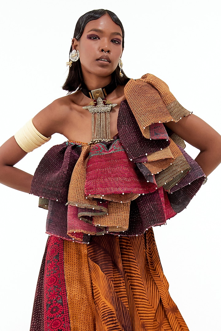 Multi-Colored Crinkle Crepe & Slub Satin Skirt Set by ASEEM KAPOOR at Pernia's Pop Up Shop
