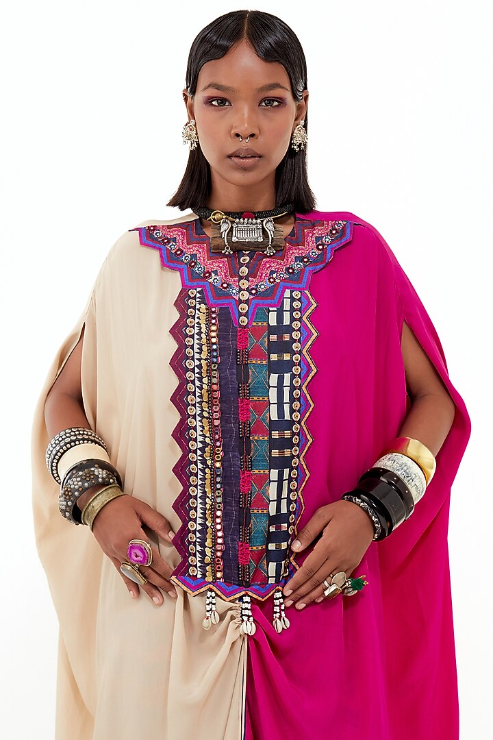 Pink Italian Crepe & Slub Satin Color Blocked Tunic Set by ASEEM KAPOOR at Pernia's Pop Up Shop