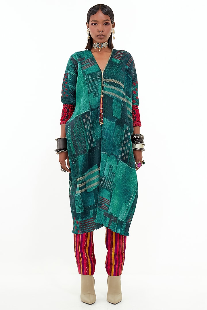 Green Crinkle Crepe & Slub Satin Aari Embroidered Tunic Set by ASEEM KAPOOR at Pernia's Pop Up Shop