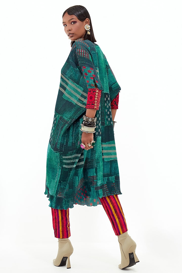 Green Crinkle Crepe & Slub Satin Aari Embroidered Tunic Set by ASEEM KAPOOR at Pernia's Pop Up Shop