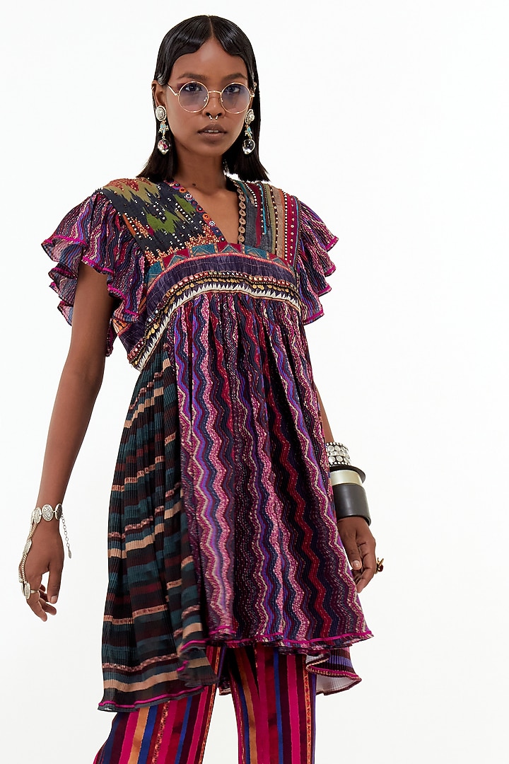 Multi-Colored Crinkle Crepe Bead Embroidered Tunic Set by ASEEM KAPOOR at Pernia's Pop Up Shop