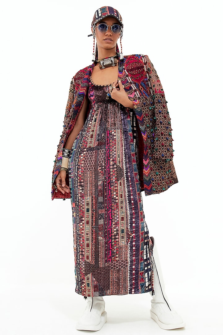 Multi-Colored Velvet & Mushroom Twill Printed Jacket Dress by ASEEM KAPOOR at Pernia's Pop Up Shop