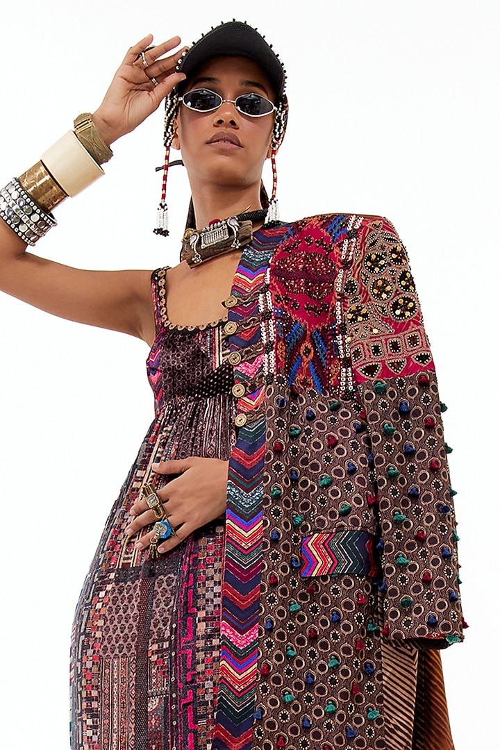 Multi-Colored Velvet & Mushroom Twill Printed Jacket Party Wear Dress by ASEEM KAPOOR at Pernia's Pop Up Shop