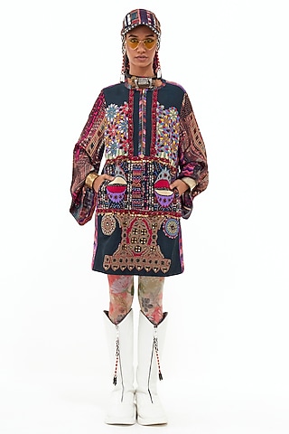 Multi-Colored Velvet & Italian Crepe Embroidered Tunic by ASEEM KAPOOR