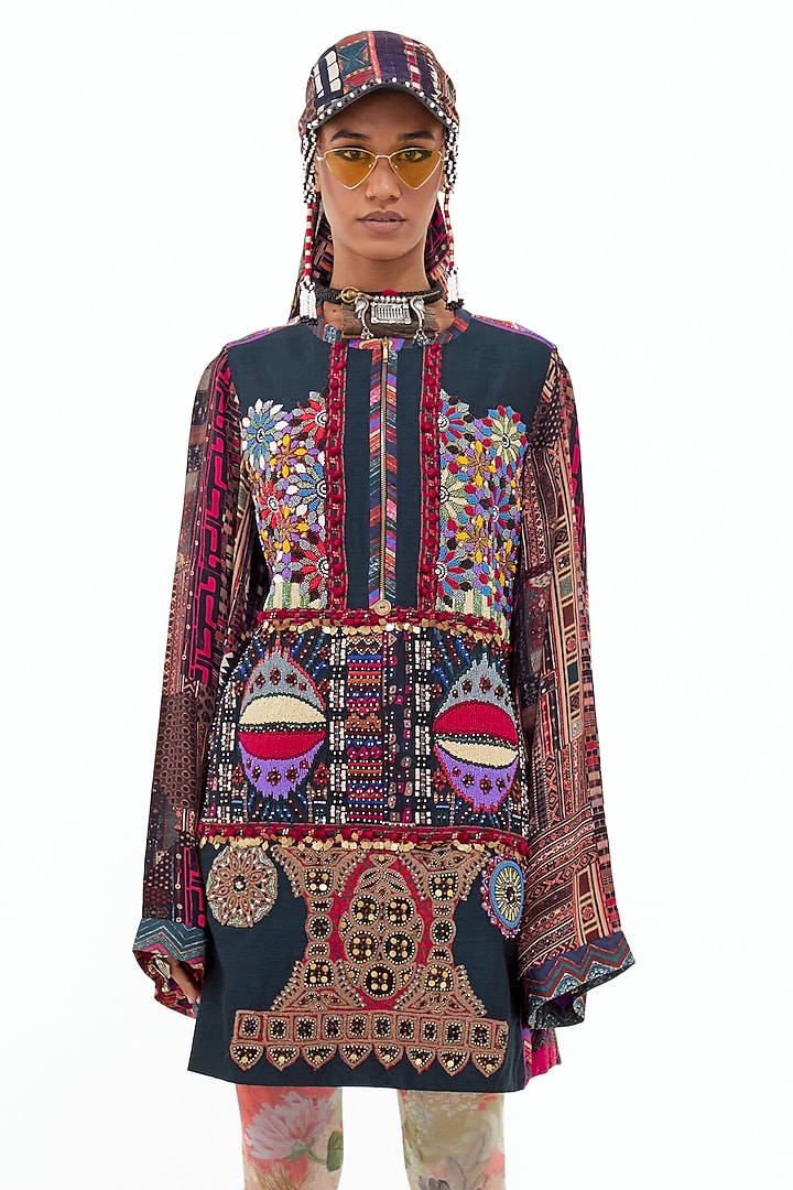 Multi-Colored Velvet & Italian Crepe Embroidered Tunic by ASEEM KAPOOR at Pernia's Pop Up Shop