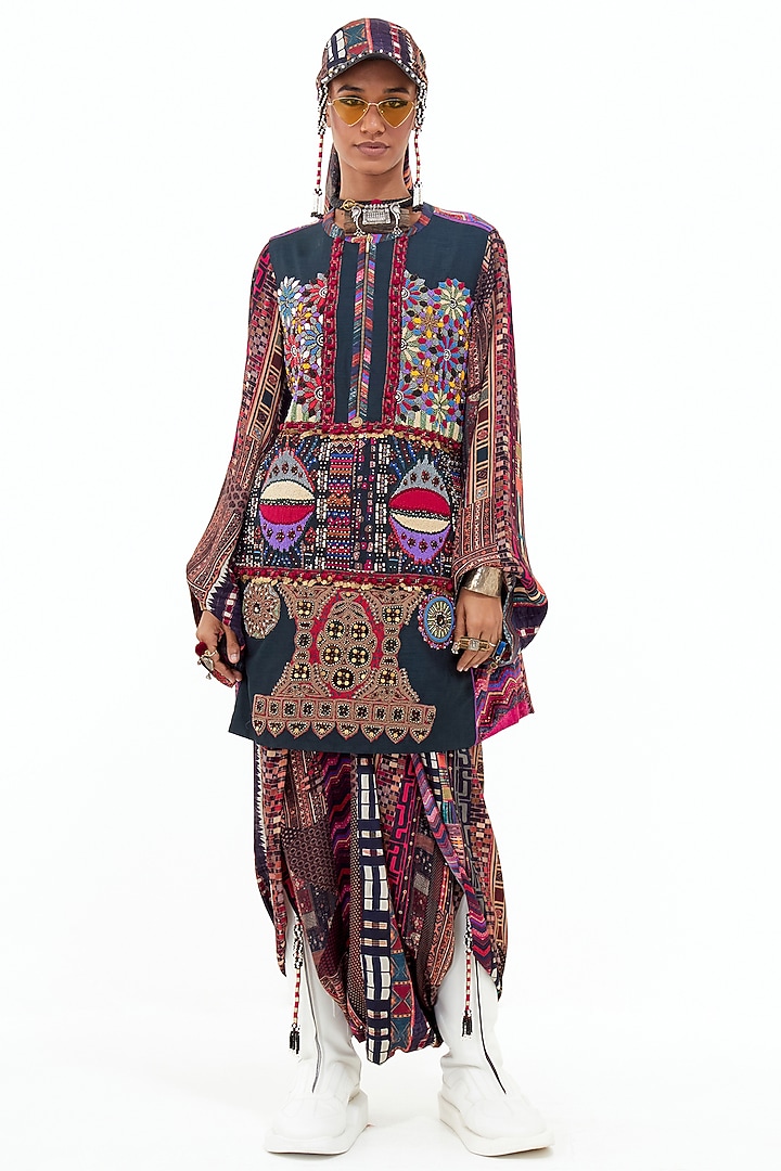 Multi-Colored Velvet & Italian Crepe Embroidered Tunic Set by ASEEM KAPOOR at Pernia's Pop Up Shop