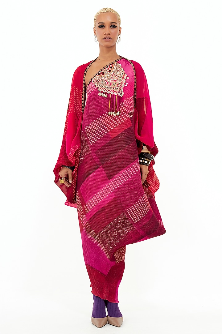 Pink Crinkle Crepe & Sheer Silk Aari Embroidered Jacket Cocktail Dress by ASEEM KAPOOR at Pernia's Pop Up Shop