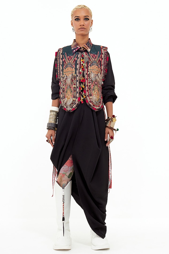 Black Slub Satin & Italian Crepe Skirt Set by ASEEM KAPOOR at Pernia's Pop Up Shop