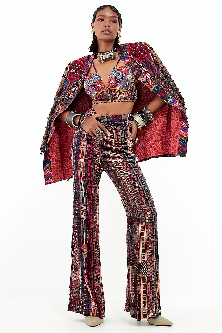 Multi-Colored Cotton Silk & Velvet Jacket Set by ASEEM KAPOOR