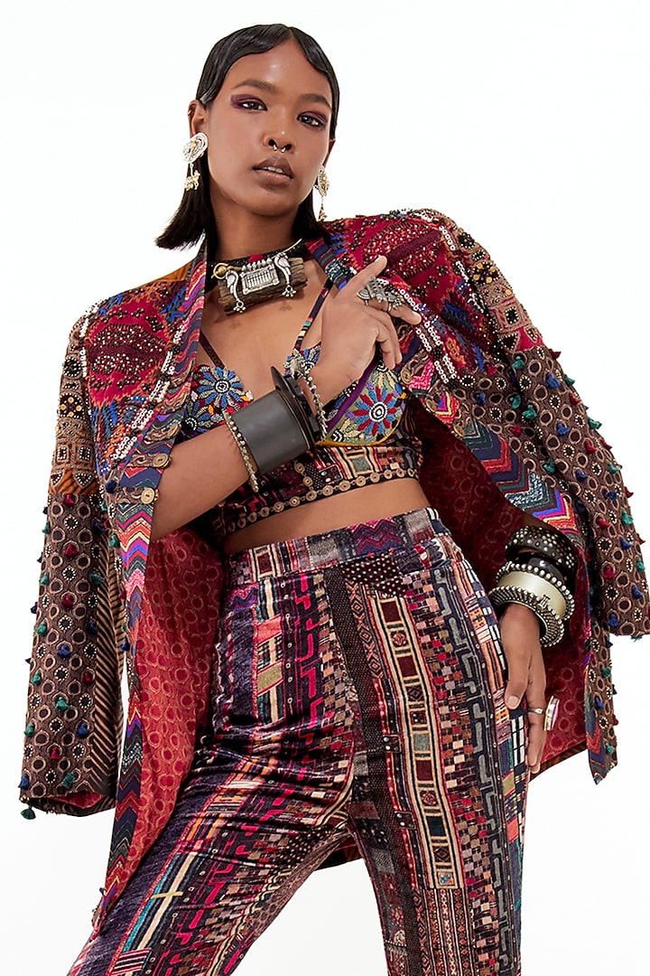 Multi-Colored Cotton Silk & Velvet Jacket Set by ASEEM KAPOOR at Pernia's Pop Up Shop