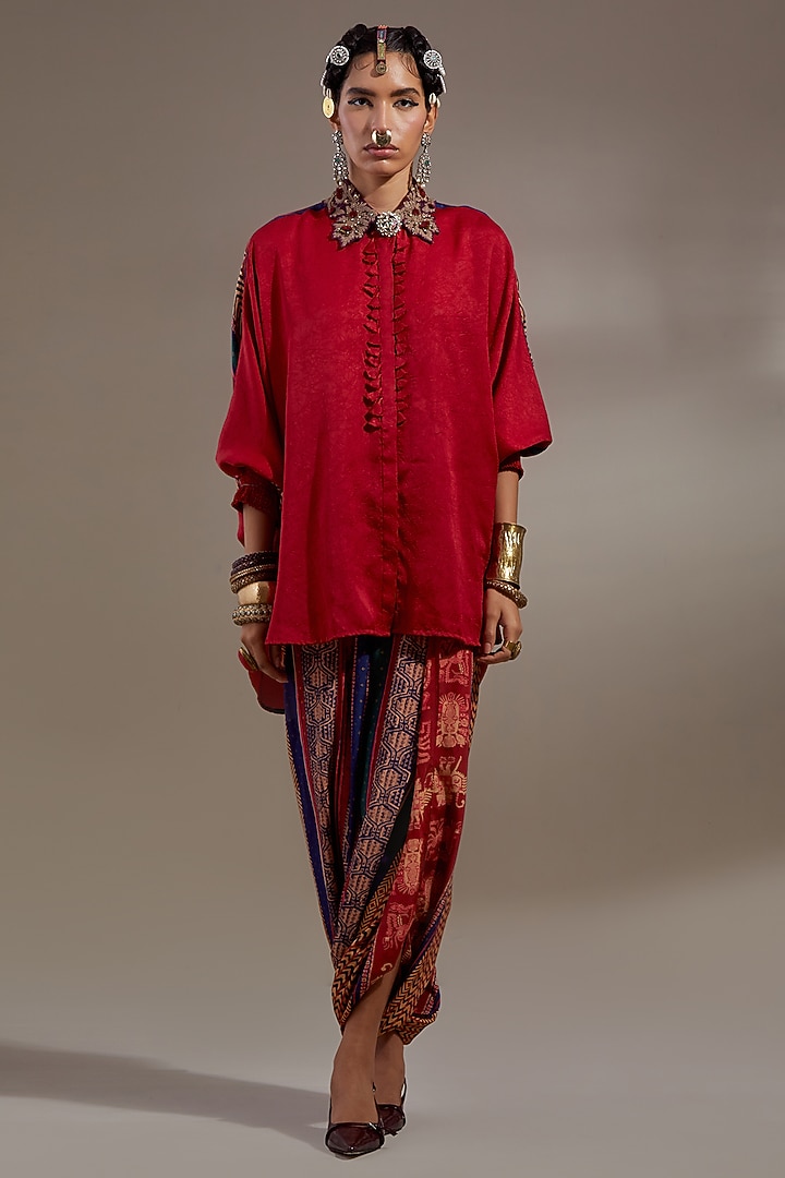 Sindoor-Colored Crushed Silk Shirt by ASEEM KAPOOR at Pernia's Pop Up Shop