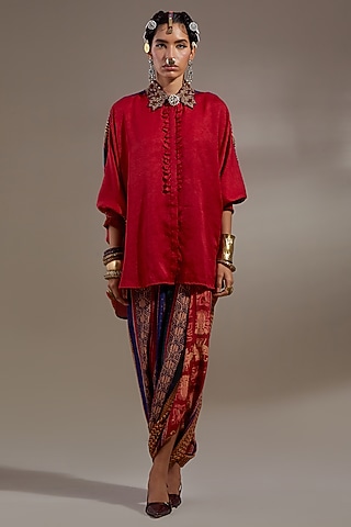 Sindoor-Colored Crushed Silk Shirt by ASEEM KAPOOR