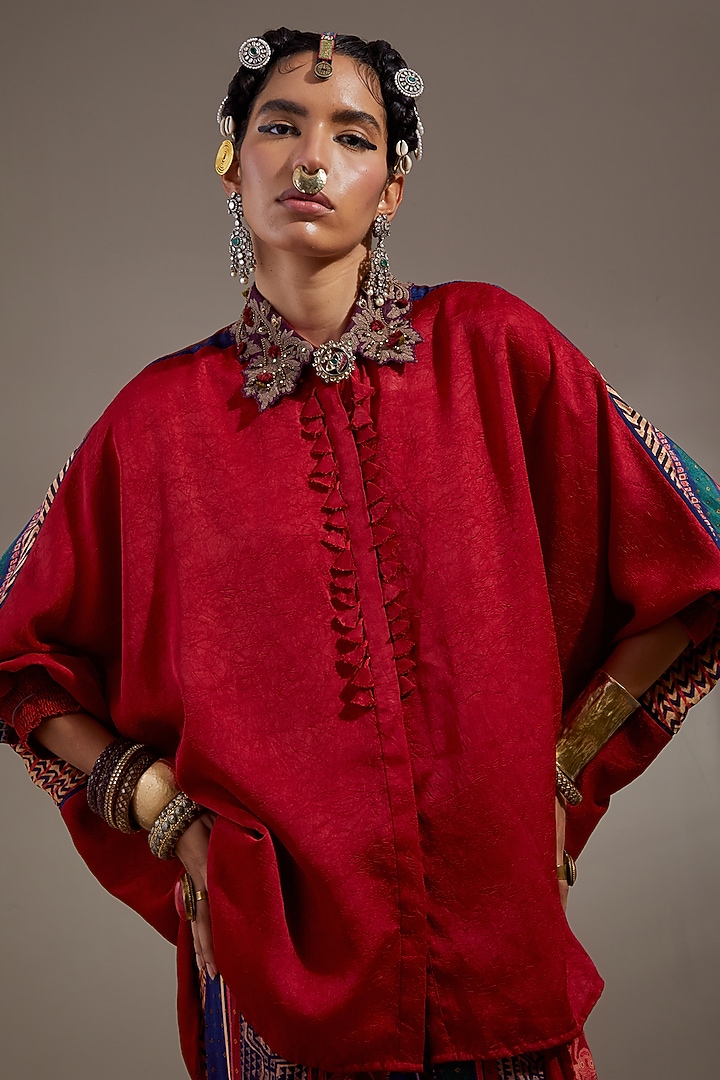 Sindoor-Colored Crushed Silk Shirt by ASEEM KAPOOR at Pernia's Pop Up Shop